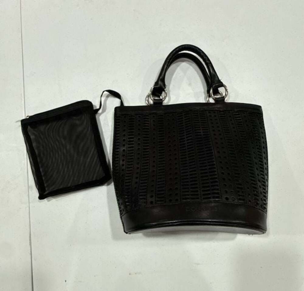 BCBGIRLS Black Laser-Cut Bucket Tote Bag with Removable Pouch